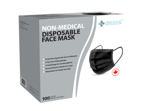 MADE IN CANADA NON MEDICAL FACE MASK BLACK ( BOX OF 100 MASKS)